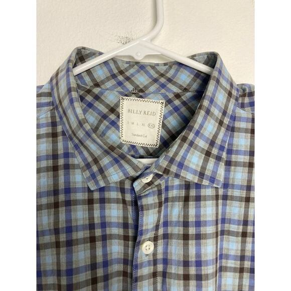Billy Reid Shirt Plaid Blue Button Long Sleeve Standard Fit Cotton Italy XXL 2XL - Picture 4 of 12
